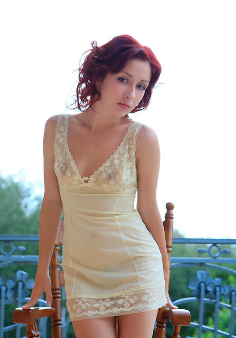 Shapely redhead youthful Night A in lingerie baring tiny tits and spreading her legs outdoor